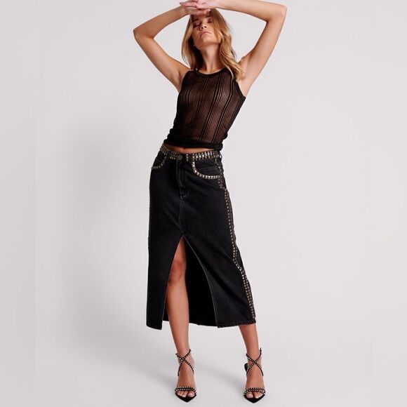 One Teaspoon BLACK OAK STUDDED ROCKO LONG LENGTH DENIM SKIRT/ size 27 - Picture 4 of 8